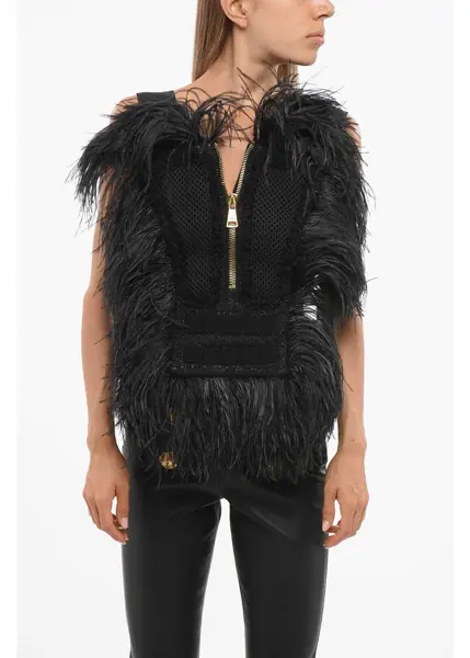 Bluze Balmain Solid Color Top With Golden Zip And Tone On Tone Feathers Tr Black Femei (BM 18704008) 1