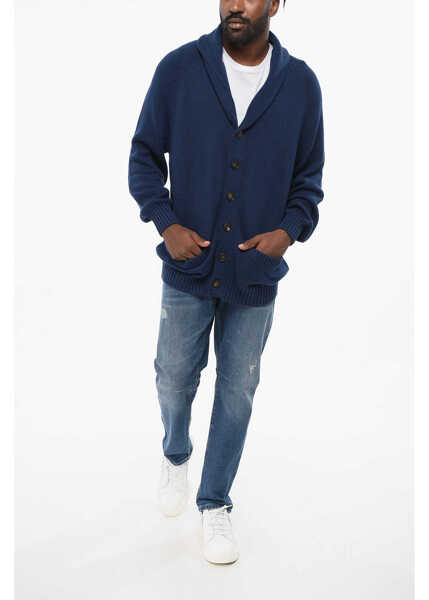 Cardigane Brunello Cucinelli Shawl Neck Pure Cotton Cardigan Blue Barbati (BM 18704035) 4