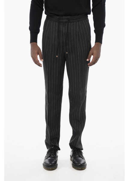Pantaloni casual Brunello Cucinelli Double-Pleated Pinstriped Linen Pants With Drawstring Brown Barbati (BM 18704056) 1
