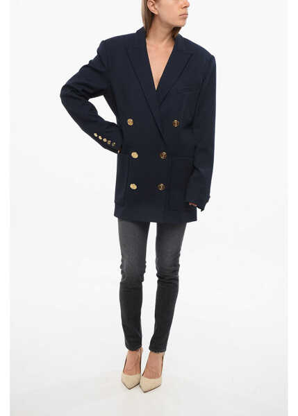 Sacouri Balmain Virgin Wool Double-Breasted Blazer With Logoed Buttons Blue Femei (BM 18704065) 4