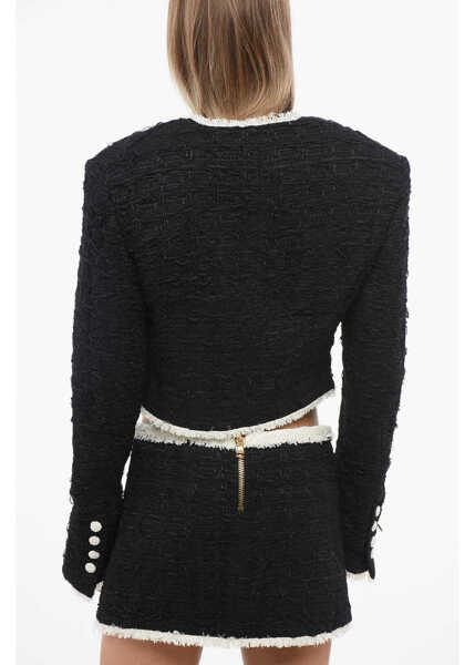 Sacouri Balmain Tweed Cropped Blazer With Contrasting Details Black & White Femei (BM 18704089) 2