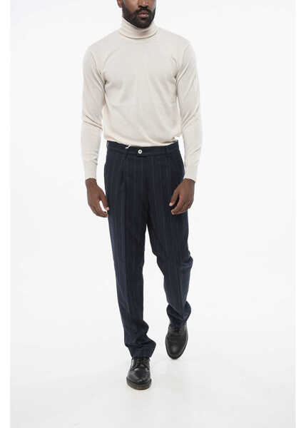 Pantaloni casual Brunello Cucinelli Single-Pleated Virgin Wool Blend Pants With Pinstriped Motif Blue Barbati (BM 18704092) 4