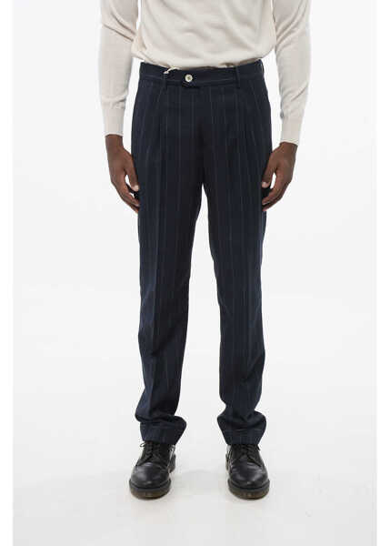 Pantaloni casual Brunello Cucinelli Single-Pleated Virgin Wool Blend Pants With Pinstriped Motif Blue Barbati (BM 18704092) 1