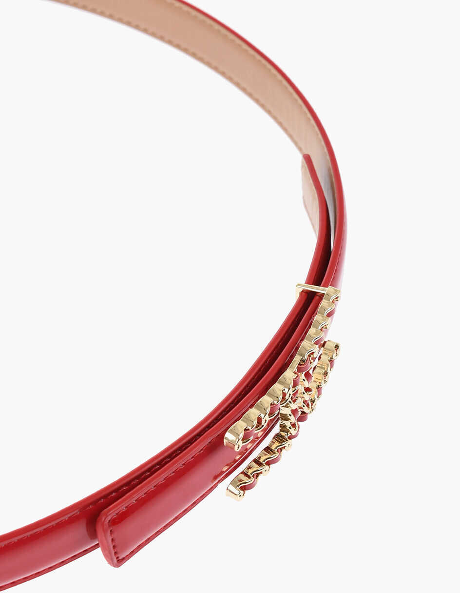 Curele Elisabetta Franchi Patent Faux Leather Belt With Rhinestoned Logo Red Femei (BM 18704101) 3