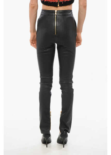 Pantaloni casual Balmain High-Waisted Leather Skinny Pants With Decorative Buttons Black Femei (BM 18704104) 2