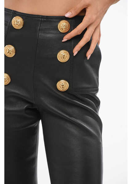 Pantaloni casual Balmain High-Waisted Leather Skinny Pants With Decorative Buttons Black Femei (BM 18704104) 3