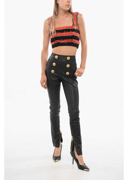 Pantaloni casual Balmain High-Waisted Leather Skinny Pants With Decorative Buttons Black Femei (BM 18704104) 4
