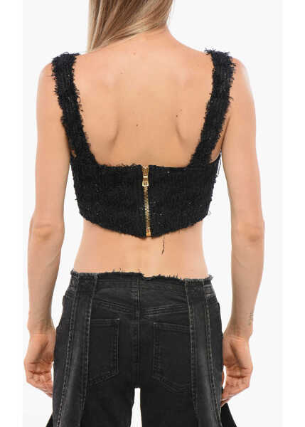 Bluze Balmain Solid Color Crop Top Embellished With Sequins Black Femei (BM 18704116) 2