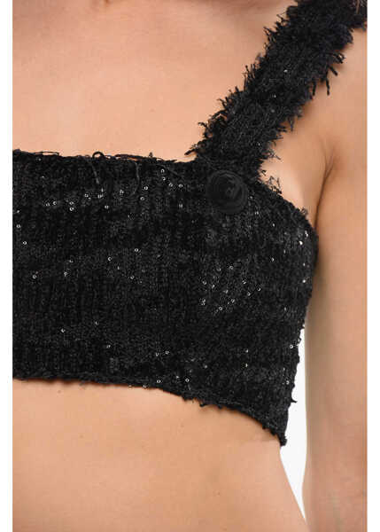 Bluze Balmain Solid Color Crop Top Embellished With Sequins Black Femei (BM 18704116) 3