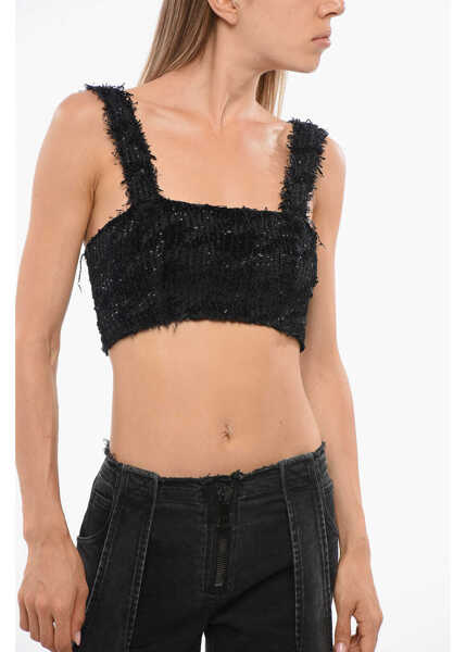 Bluze Balmain Solid Color Crop Top Embellished With Sequins Black Femei (BM 18704116) 1