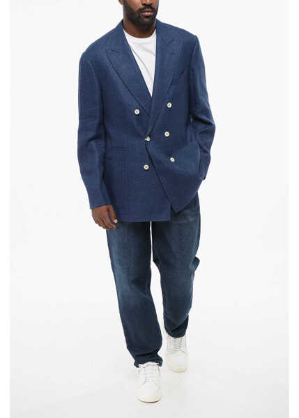 Sacouri Brunello Cucinelli Twill Linen Blend Double-Breasted Blazer Blue Barbati (BM 18704131) 4