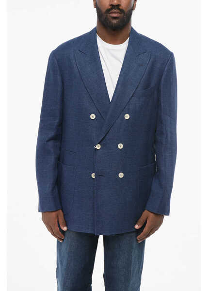 Sacouri Brunello Cucinelli Twill Linen Blend Double-Breasted Blazer Blue Barbati (BM 18704131) 1