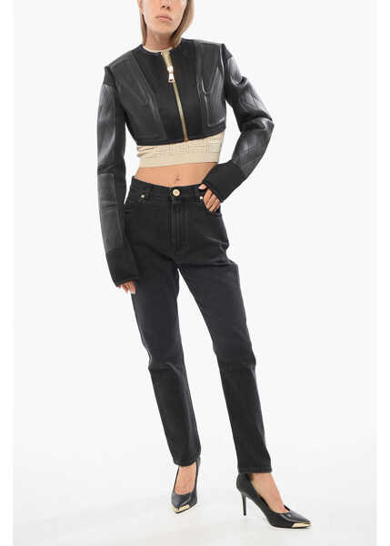 Jachete Balmain Technical Fabric Cropped Jacket With Golden Zip Black Femei (BM 18704227) 4