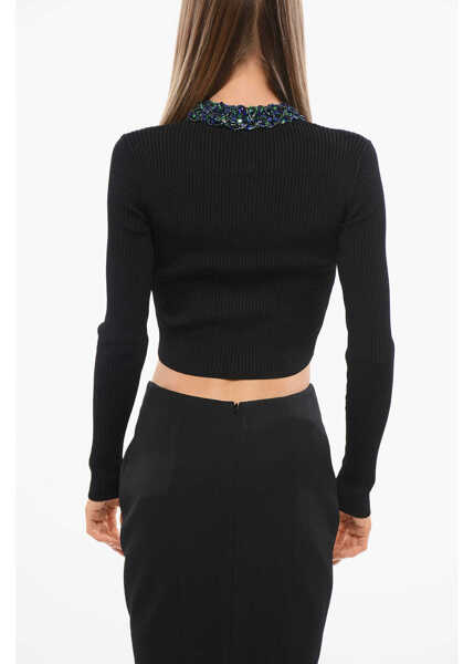 Cardigane Balmain Ribbed Cropped Cardigan Embellished With Sequins And Beads Black Femei (BM 18704230) 2