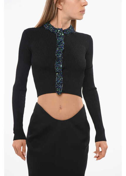 Cardigane Balmain Ribbed Cropped Cardigan Embellished With Sequins And Beads Black Femei (BM 18704230) 1