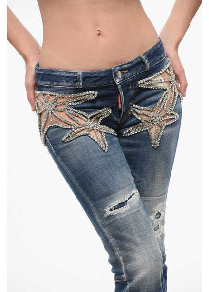 Blugi drepti DSQUARED2 Distressed Skinny Denims With Star Detail Blue Femei (BM 18704233) 3