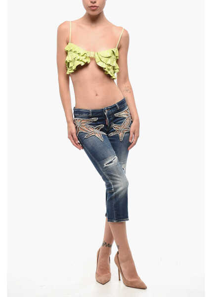 Blugi drepti DSQUARED2 Distressed Skinny Denims With Star Detail Blue Femei (BM 18704233) 4