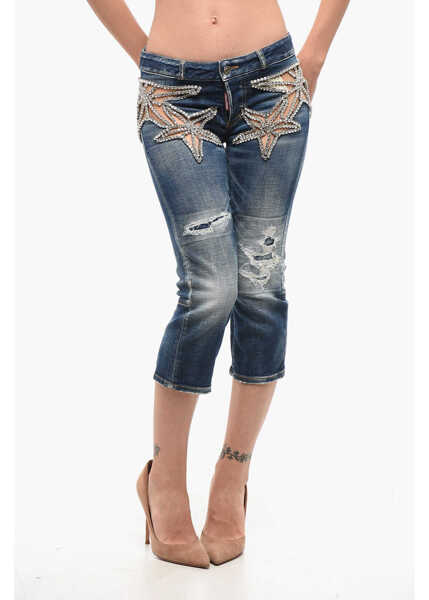 Blugi drepti DSQUARED2 Distressed Skinny Denims With Star Detail Blue Femei (BM 18704233) 1