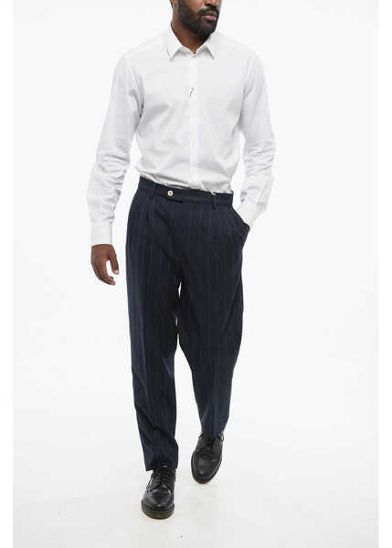 Pantaloni casual Brunello Cucinelli Double-Pleated Cotton Blend Pants With Pinstriped Pattern Blue Barbati (BM 18704860) 4