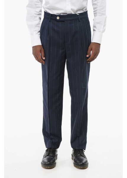 Pantaloni casual Brunello Cucinelli Double-Pleated Cotton Blend Pants With Pinstriped Pattern Blue Barbati (BM 18704860) 1