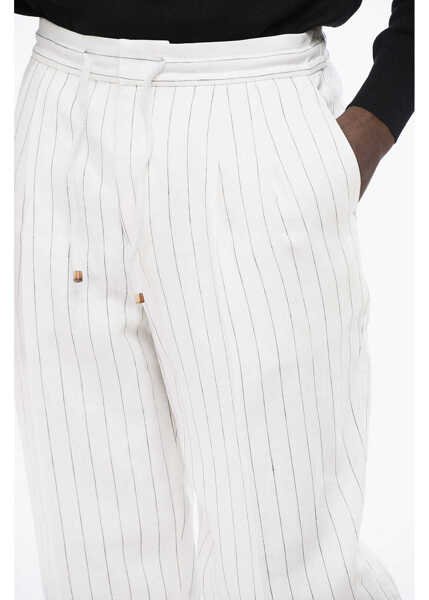 Pantaloni casual Brunello Cucinelli Double-Pleated Pinstriped Linen Pants With Drawstring White Barbati (BM 18704899) 2