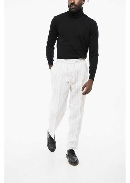 Pantaloni casual Brunello Cucinelli Double-Pleated Pinstriped Linen Pants With Drawstring White Barbati (BM 18704899) 3