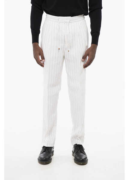 Pantaloni casual Brunello Cucinelli Double-Pleated Pinstriped Linen Pants With Drawstring White Barbati (BM 18704899) 1