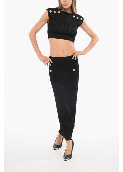 Fuste lungi Balmain Solid Color Pencil Skirt With Decorative Buttons Black Femei (BM 18704911) 4
