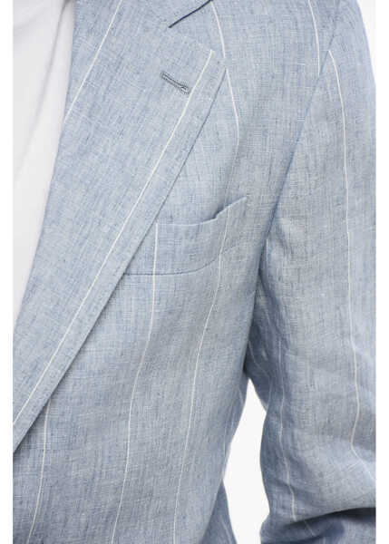 Sacouri Brunello Cucinelli Pinstriped Linen Blazer With Slim Fit Design Light Blue Barbati (BM 18705058) 3