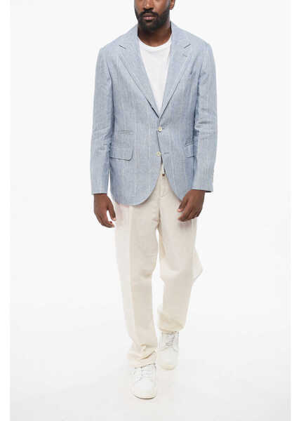 Sacouri Brunello Cucinelli Pinstriped Linen Blazer With Slim Fit Design Light Blue Barbati (BM 18705058) 4