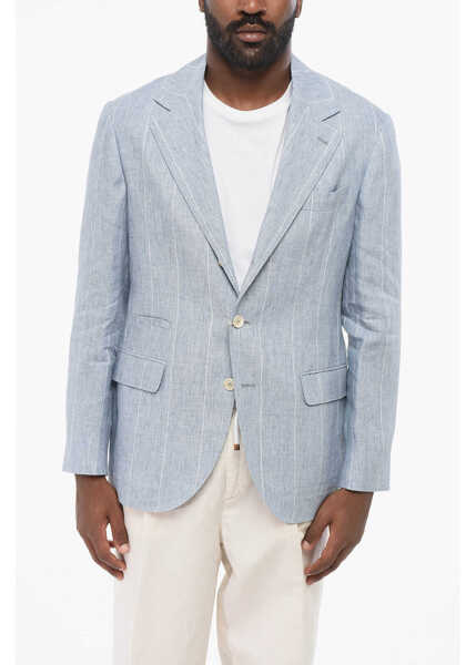 Sacouri Brunello Cucinelli Pinstriped Linen Blazer With Slim Fit Design Light Blue Barbati (BM 18705058) 1