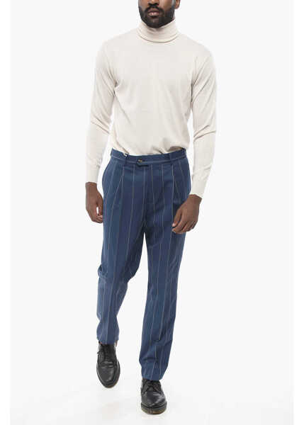 Pantaloni casual Brunello Cucinelli Single-Pleated Pinstriped Wool Blend Pants Blue Barbati (BM 18705064) 4
