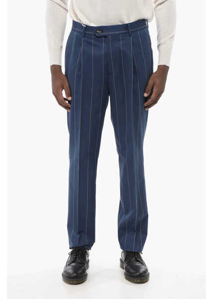 Pantaloni casual Brunello Cucinelli Single-Pleated Pinstriped Wool Blend Pants Blue Barbati (BM 18705064) 1