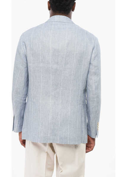 Sacouri Brunello Cucinelli Double-Breasted Pinstriped Linen Blazer With Peak Lapel Light Blue Barbati (BM 18705067) 2