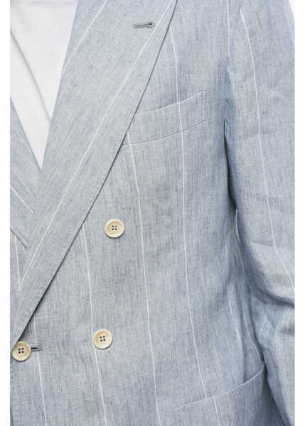 Sacouri Brunello Cucinelli Double-Breasted Pinstriped Linen Blazer With Peak Lapel Light Blue Barbati (BM 18705067) 3