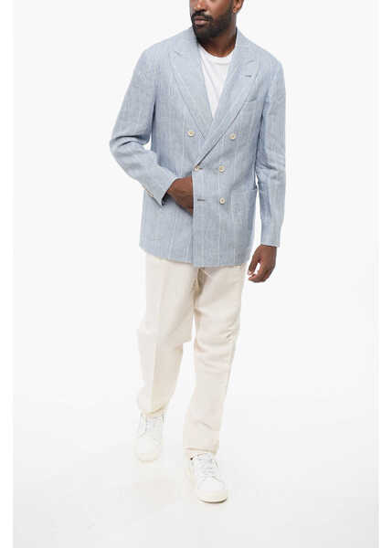 Sacouri Brunello Cucinelli Double-Breasted Pinstriped Linen Blazer With Peak Lapel Light Blue Barbati (BM 18705067) 4