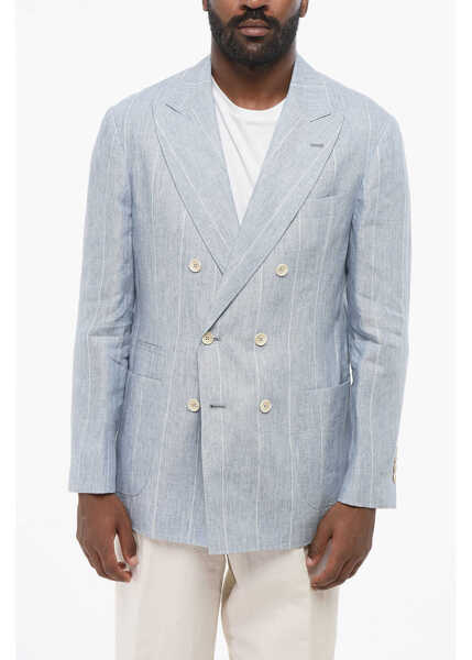 Sacouri Brunello Cucinelli Double-Breasted Pinstriped Linen Blazer With Peak Lapel Light Blue Barbati (BM 18705067) 1