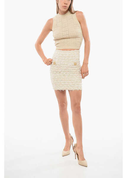 Fuste casual Balmain Tweed Mini Skirt With Micro Sequins Beige Femei (BM 18705088) 4