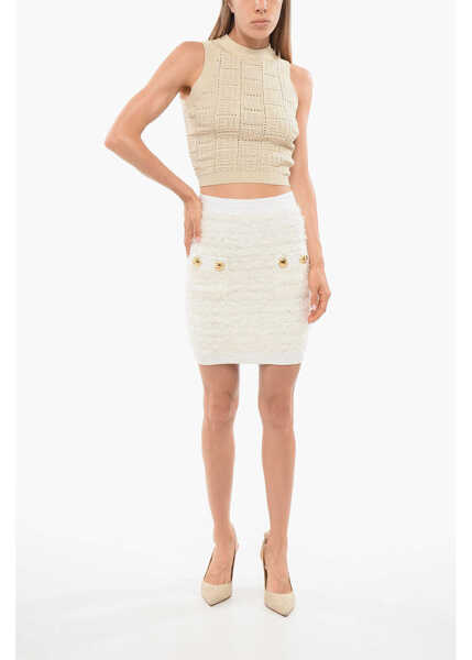 Fuste casual Balmain High-Waisted Tweed Mini Skirt With Decorative Buttons White Femei (BM 18705136) 4
