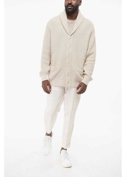 Cardigane Brunello Cucinelli Shawl Neck Pure Cotton Cardigan Beige Barbati (BM 18705157) 4