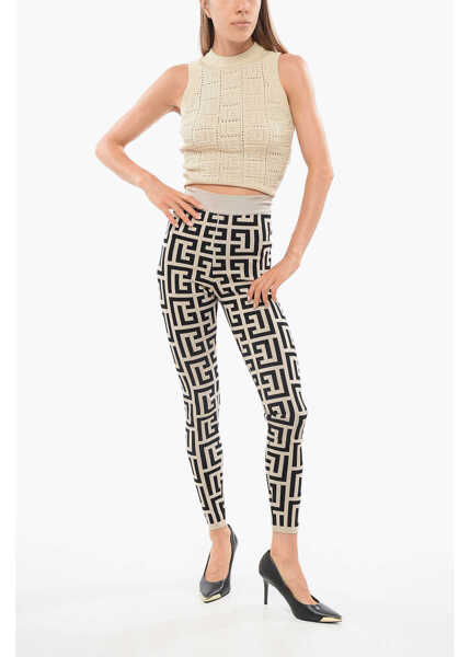 Colanti Balmain High-Waisted Knitted Leggings With All-Over Monogram Beige Femei (BM 18705163) 4