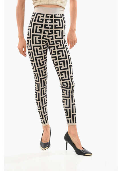 Colanti Balmain High-Waisted Knitted Leggings With All-Over Monogram Beige Femei (BM 18705163) 1