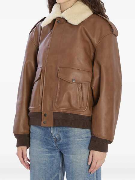 Bomber jacket Saint Laurent Bomber Jacket In Hammered Leather And Shearling BROWN Femei (BM 18705672) 2