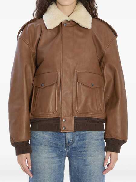 Bomber jacket Saint Laurent Bomber Jacket In Hammered Leather And Shearling BROWN Femei (BM 18705672) 1