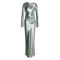 Rochii Green Long Dress With Draped Details And Long Sleeves In Glossy Satin Woman Femei