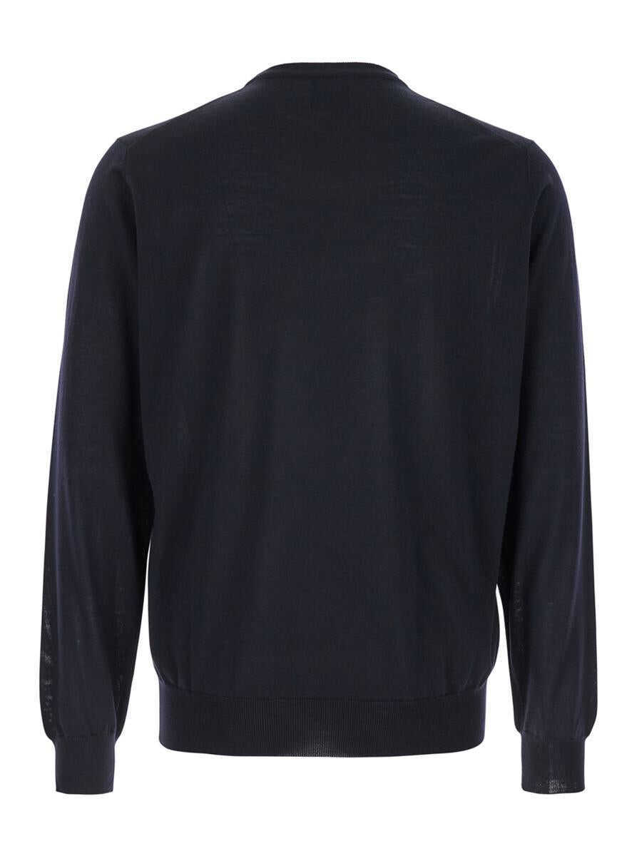 Pulovere PLAIN Blue Crewneck Sweater With Ribbed Trims In Wool Man BLUE Barbati (BM 18708951) 2
