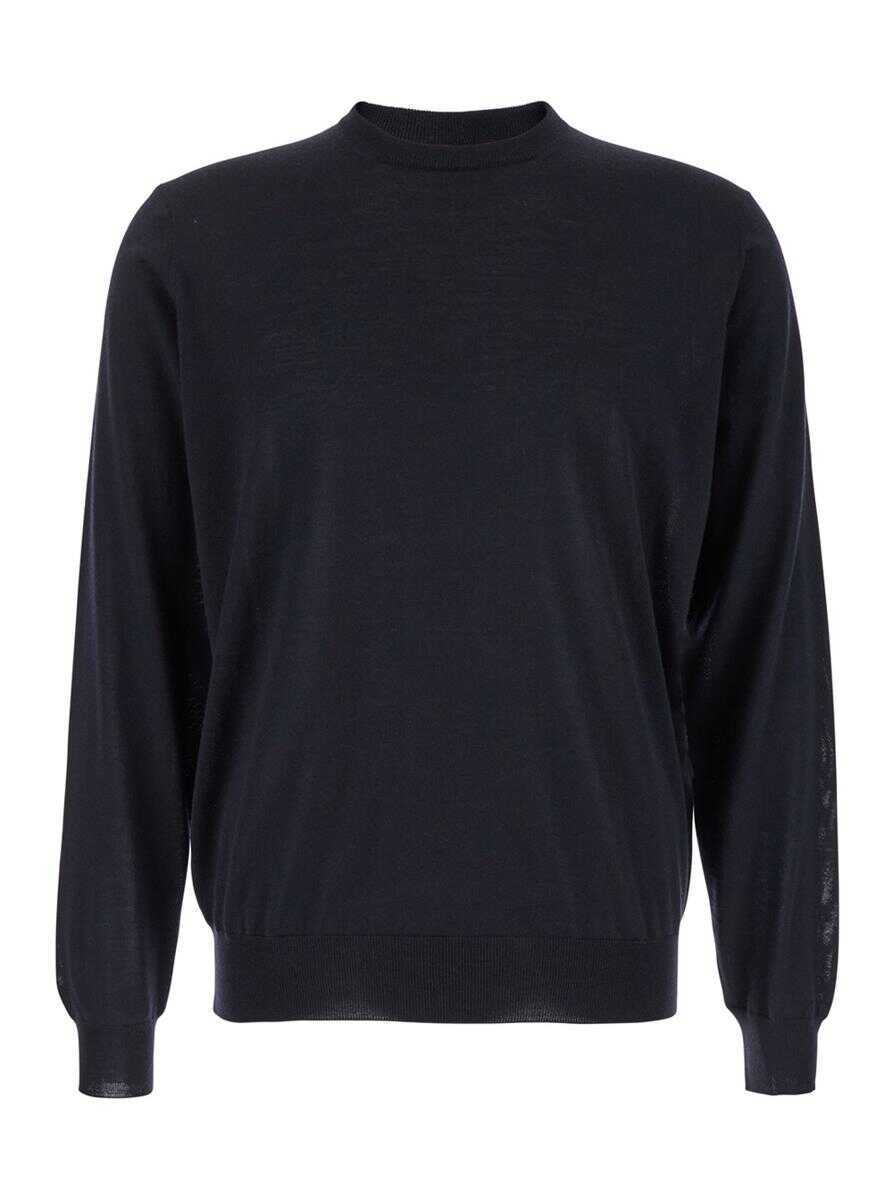 Pulovere PLAIN Blue Crewneck Sweater With Ribbed Trims In Wool Man BLUE Barbati (BM 18708951) 1