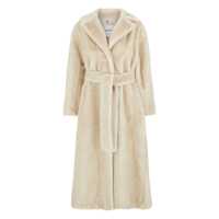 Paltoane Beige Coat With Waist Belt In Faux Fur Woman Femei