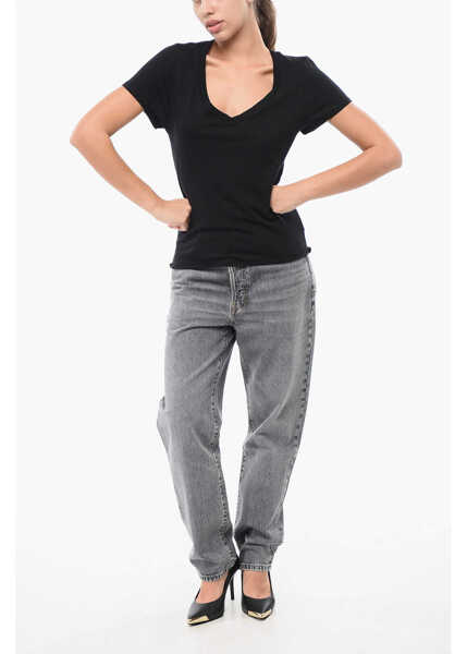 Tricouri Eterne Solid Color Cotton Blend V-Neck T-Shirt Black Femei (BM 18747418) 4