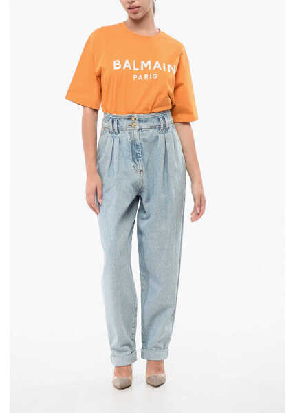 Blugi drepti Balmain Double-Pleated Stretch Cotton Denims 18Cm Light Blue Femei (BM 18765664) 3